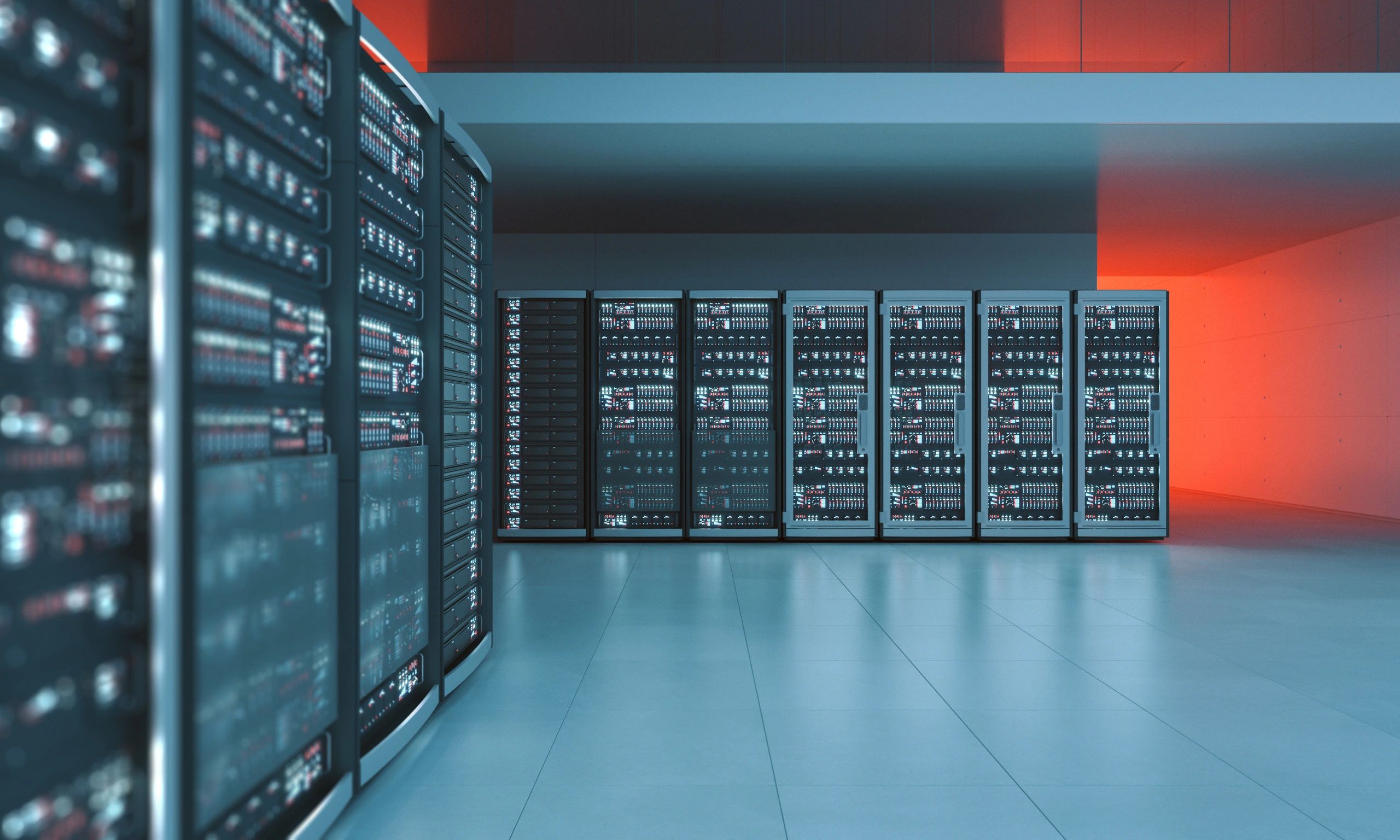 Modern data center server racks with illuminated indicators