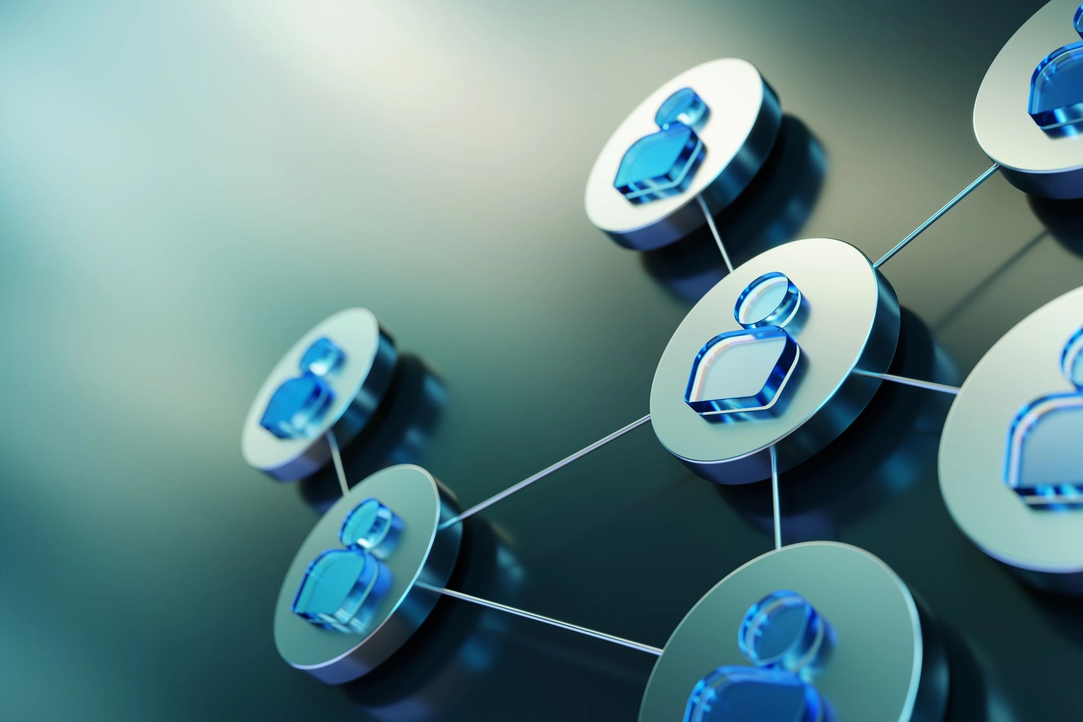 Abstract network of connected user icons representing partners and distribution